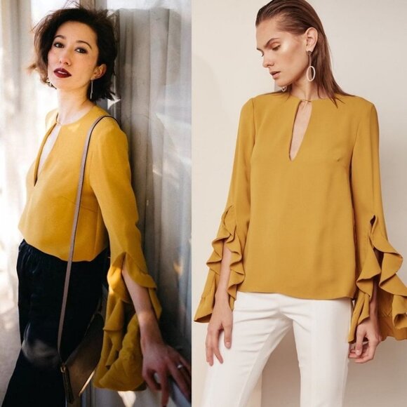 Revolve C/MEO Long Bell Sleeve Mustard Yellow Top Size XS Gossamer Blouse Boho - Picture 3 of 12